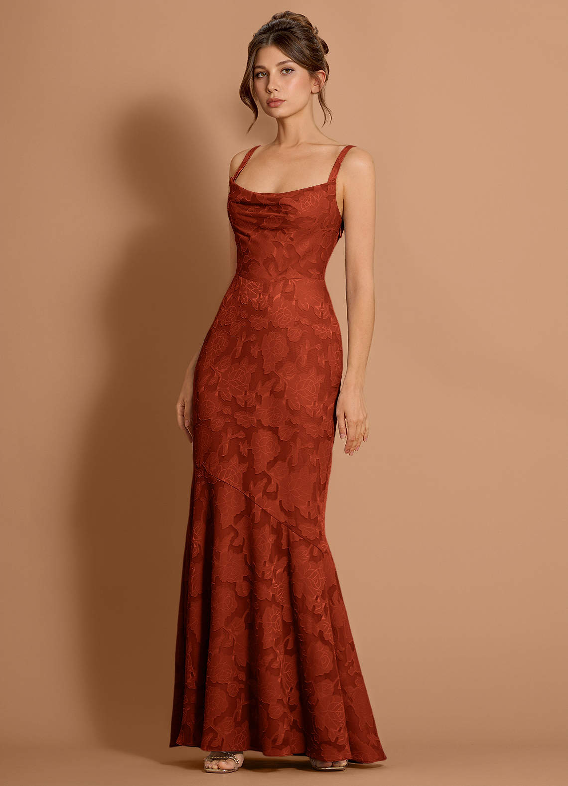 Azazie Plus Size Floor-Length Maxi Dresses Mermaid Wedding Guest Formal Dresses Cowl Auburn