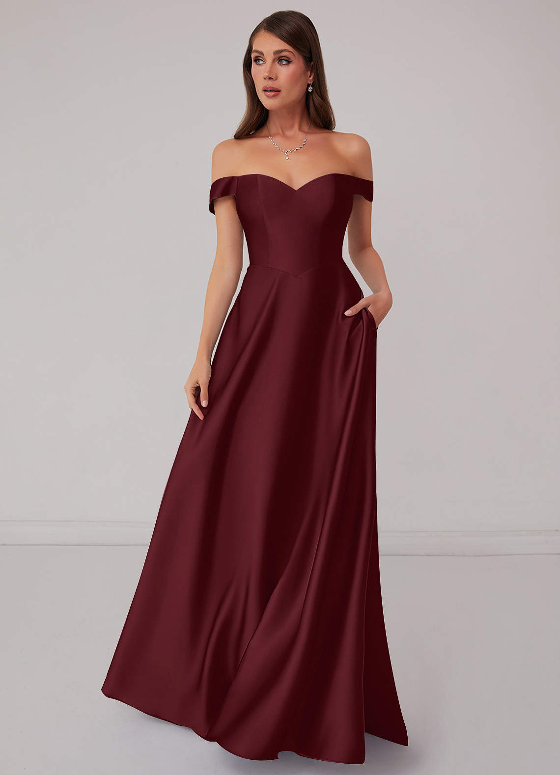 Cabernet Off Shoulder Dropwaist Stretch Satin Ball Gown Bridesmaid ...