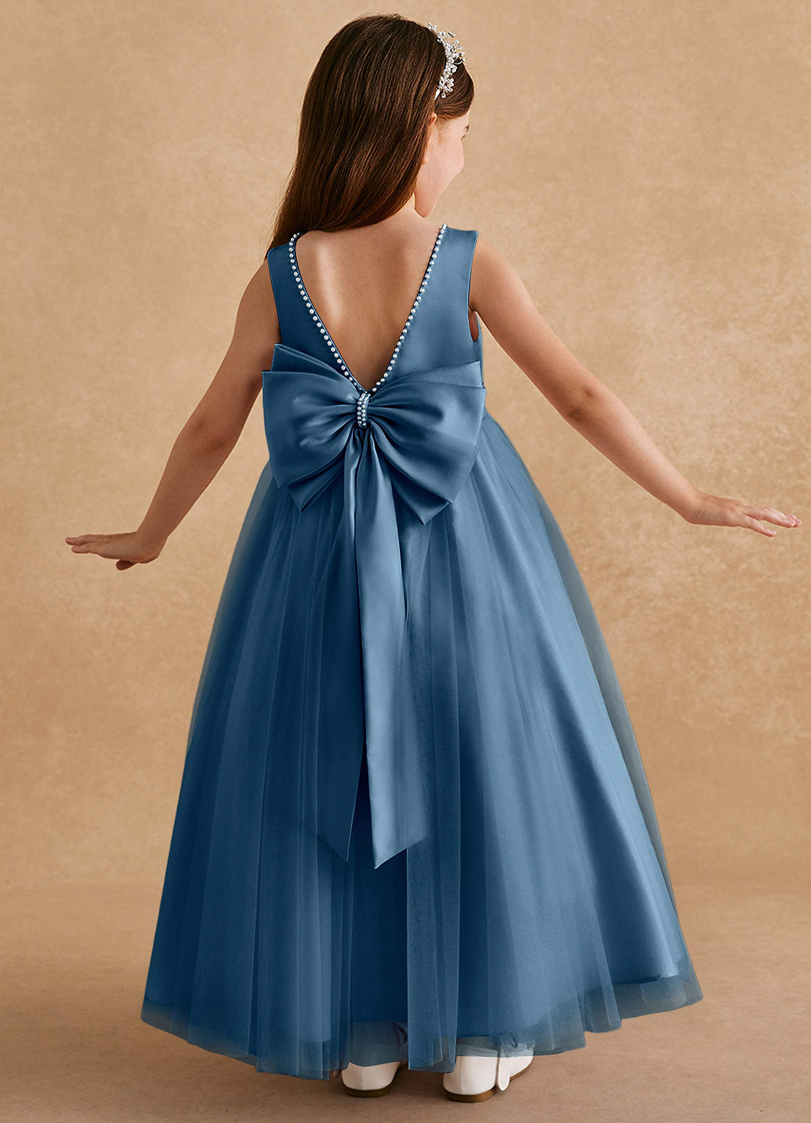 Azazie Cookie Blumenmädchenkleider A-Linie Schleifen Tüll Kleid Bermudablau image1