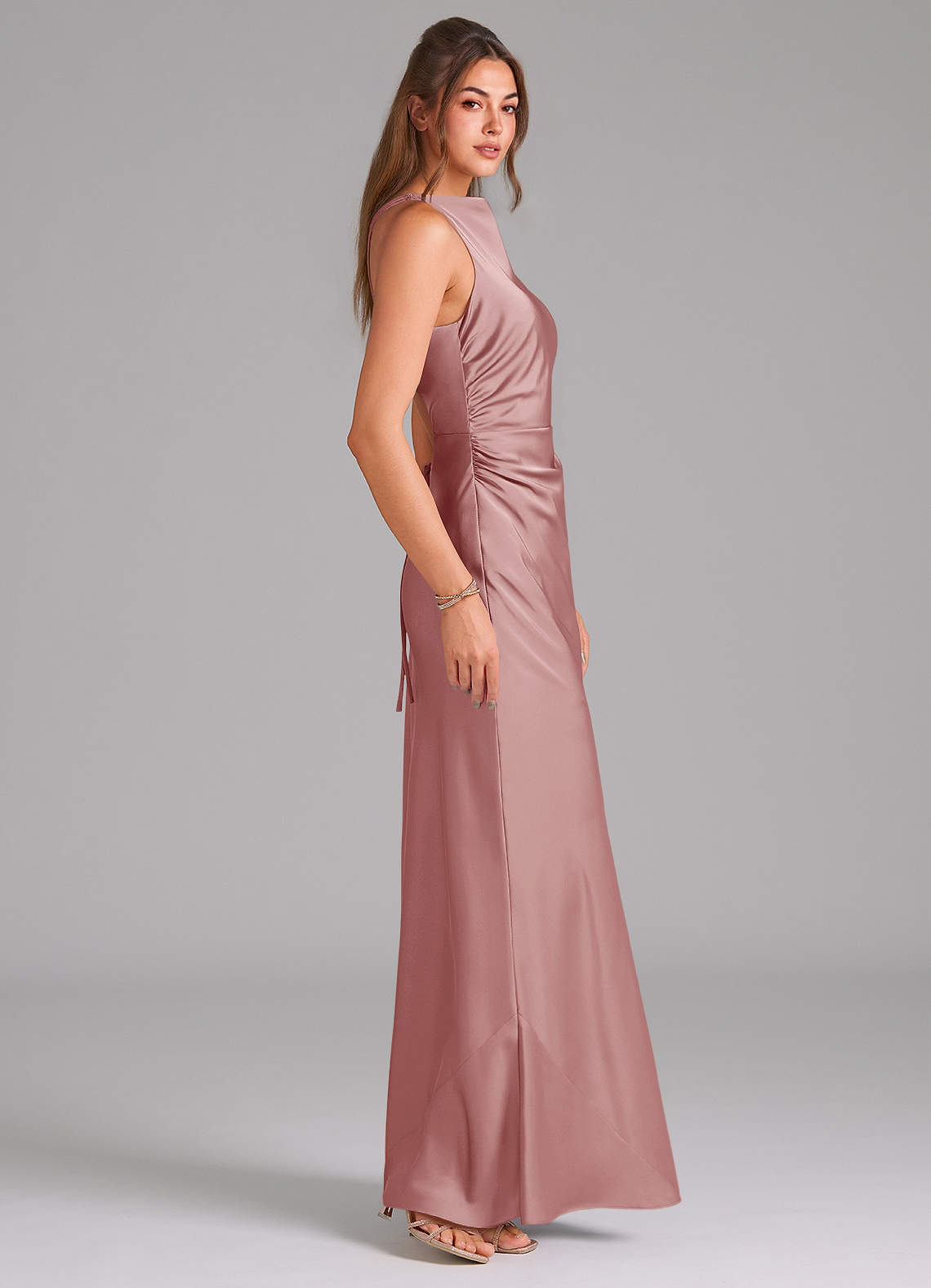 Azazie Evadne Brudtärnklänningar Klä av Tubklänning i Stretch Satin Plisserad Dammig Ros image3