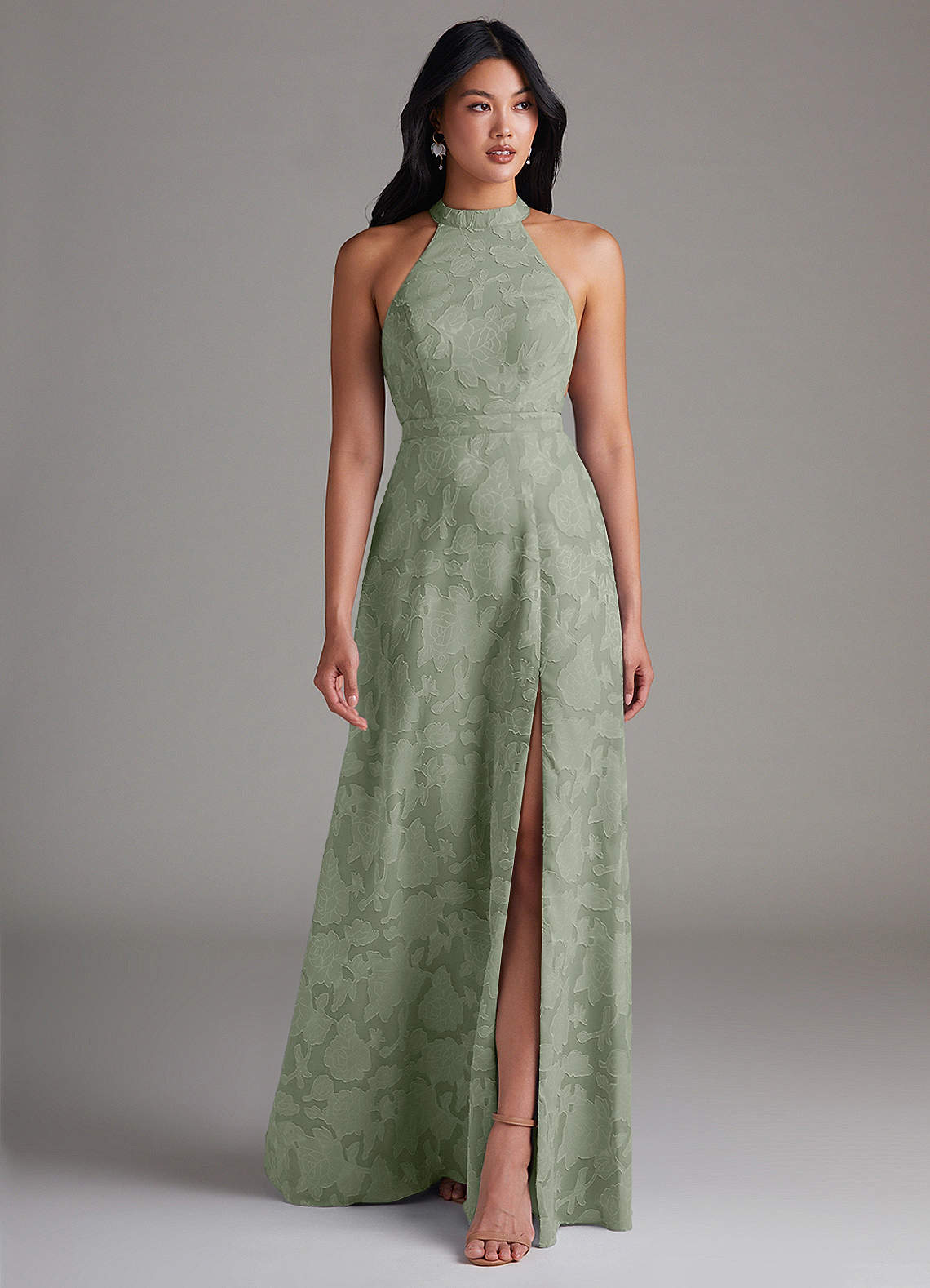 Azazie Clarice Robes de demoiselle d'honneur Robe Trapèze en Blumen-Burnout Fente Latérale Agave image1