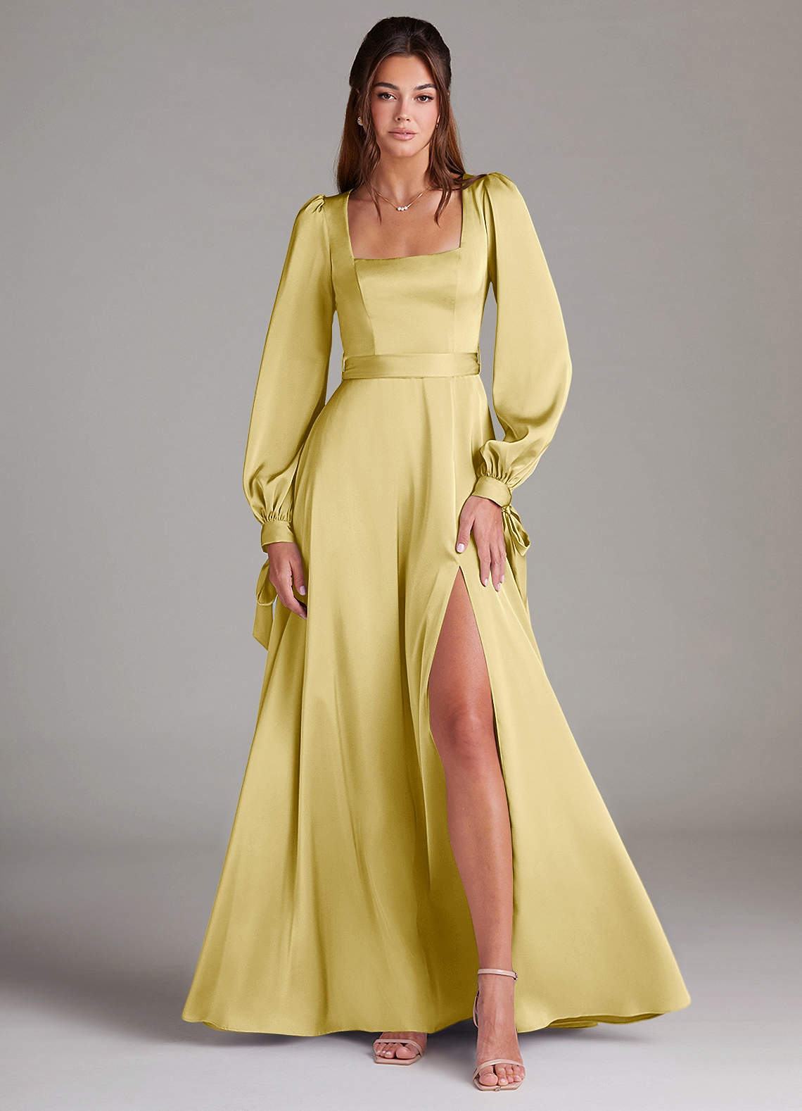 Azazie Leonia Bridesmaid Dresses Lemon Sorbet A-Line Long Sleeve Stretch Satin Dress image1