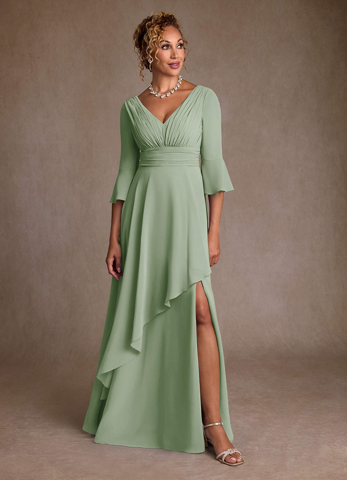 Azazie Eire Mother of the Bride Dresses Dusty Sage A-Line Pleated Chiffon Dress image3