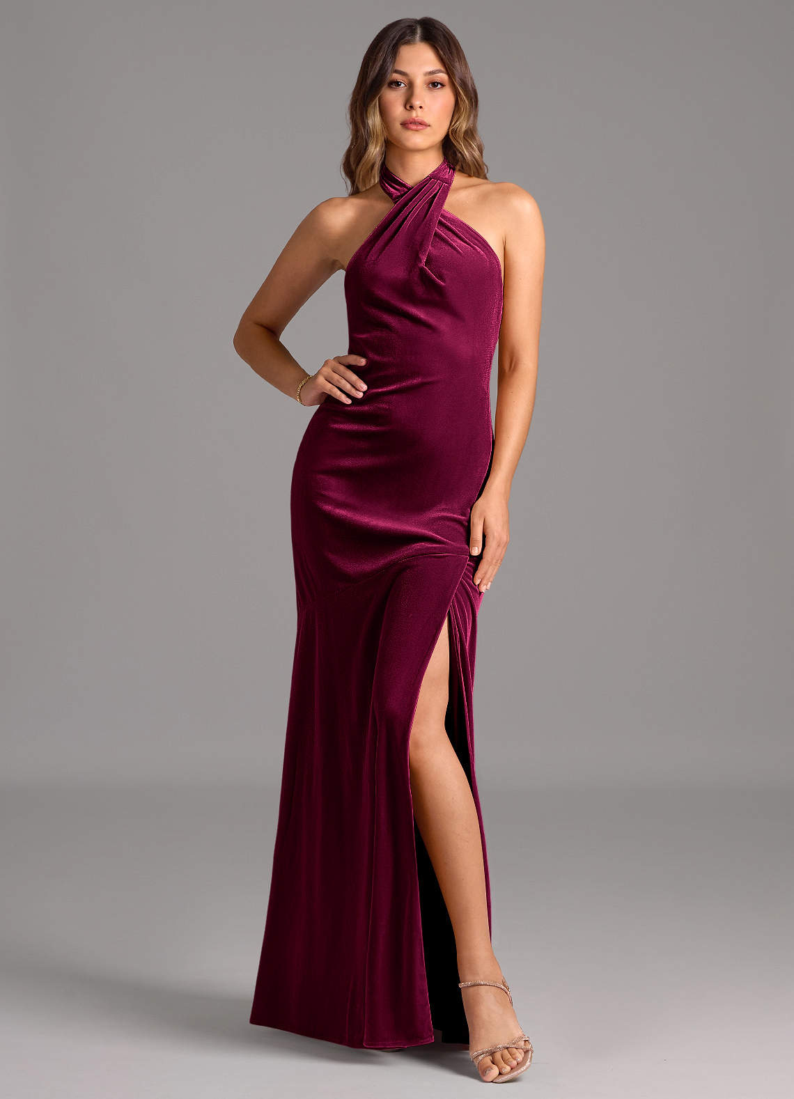 Azazie Drita Bridesmaid Dresses Cabernet A-Line Pleated Velvet Dress image1