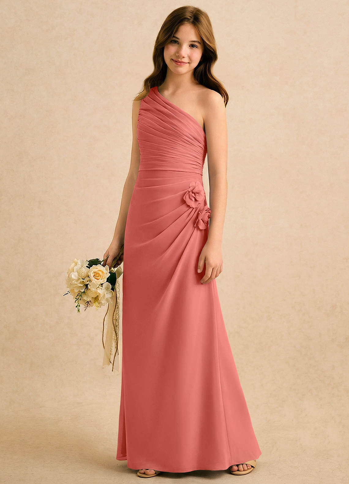 Azazie Sophie Girls Formal Robe Demoiselle D'honneur Fillette Robe Fourreau en Mousseline de soie Une épaule Rose Saumon image3