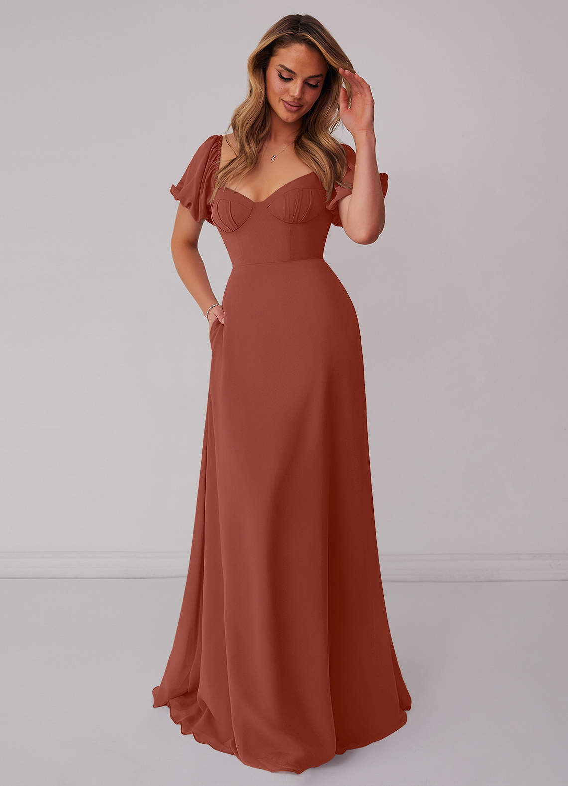 Barbie ♥ Azazie Bridesmaid Dresses Auburn A-Line Pleated Chiffon Dress image4