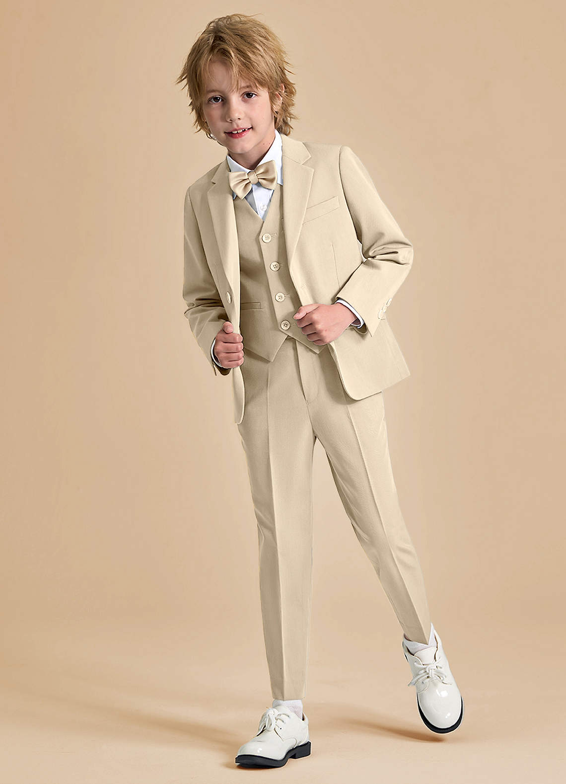 front Oliver Boys Tan 5-Piece Suit With Bow Tie
