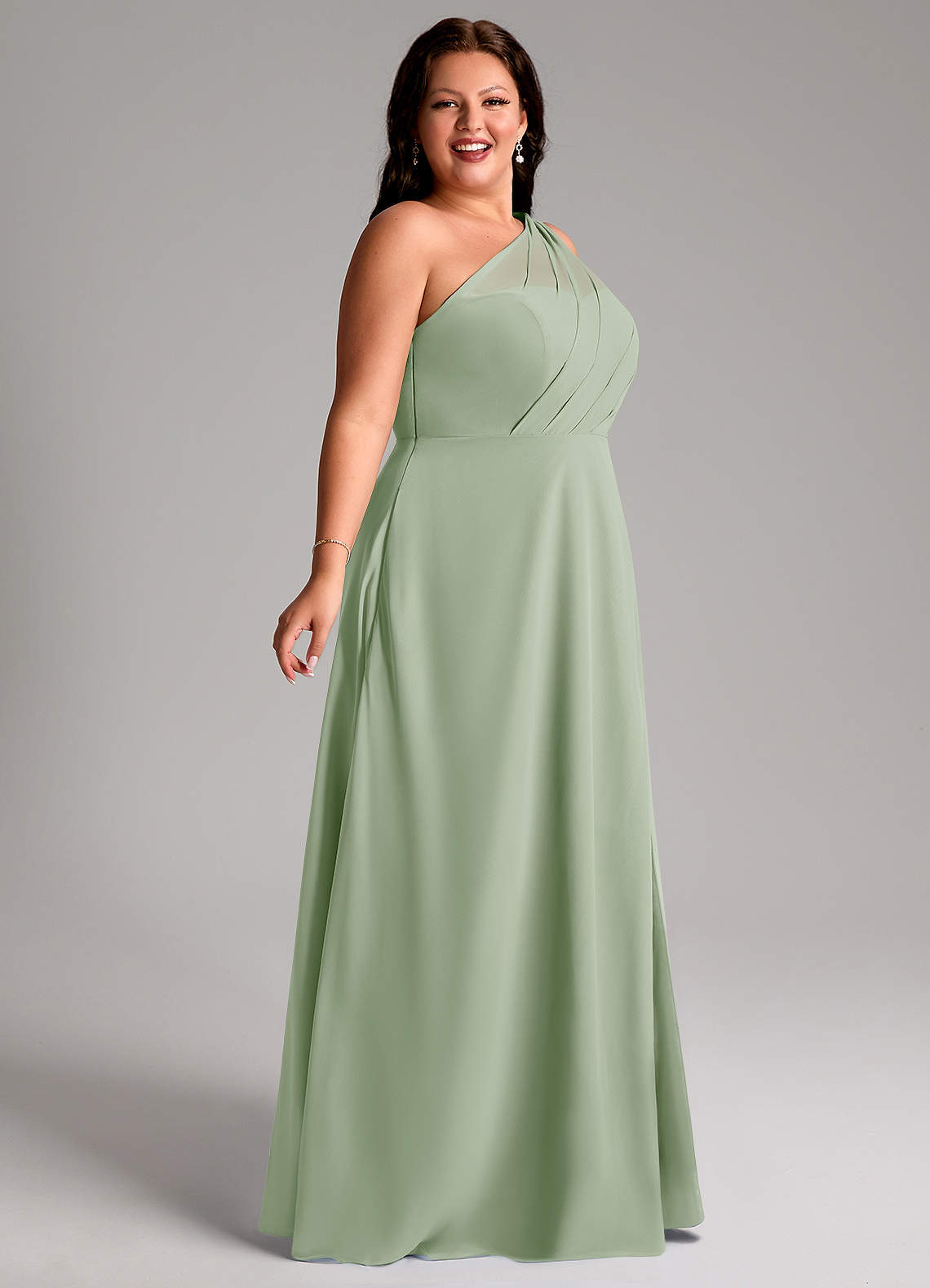 Azazie Phaedra Vestidos de madrinha de casamento Vestido Dusty Sage de Chiffon de Linha A com Um ombro image10