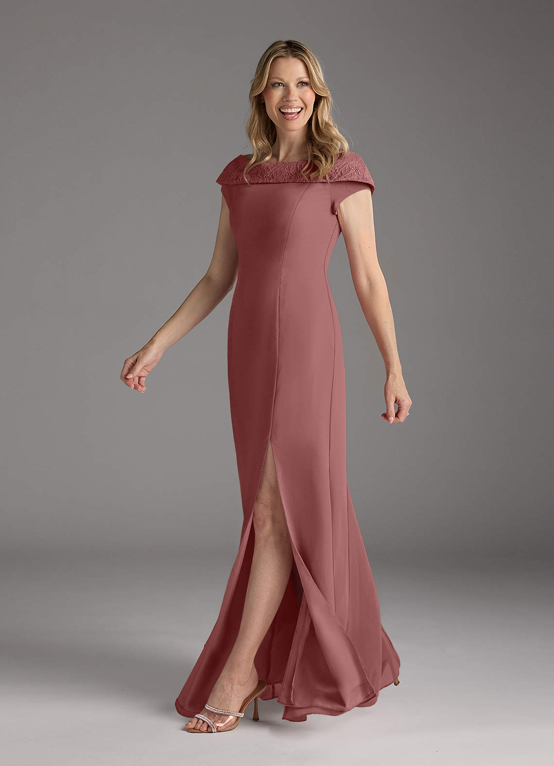 Azazie Cupid Kleider für die Brautmutter A-Linie Bootshals Spitze Chiffon Kleid Wüstenrose image1