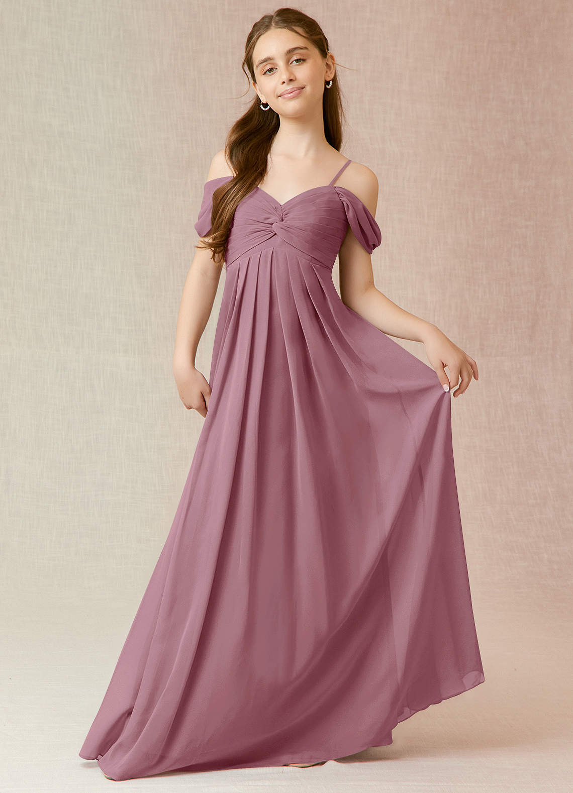 Azazie Kaitlynn Junior Vintage Mauve A-Line Off the Shoulder Chiffon Dress image1