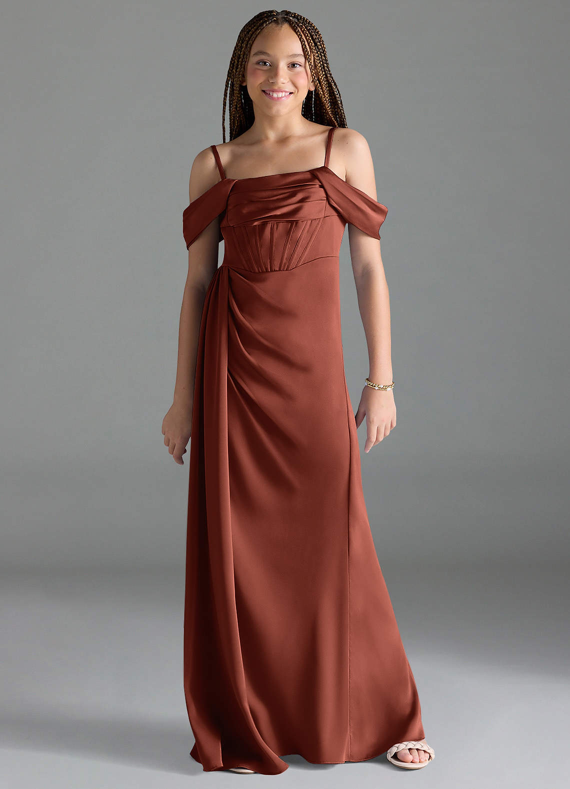 Azazie Amyra Junior Auburn Sheath Off the Shoulder Stretch Satin Dress image1
