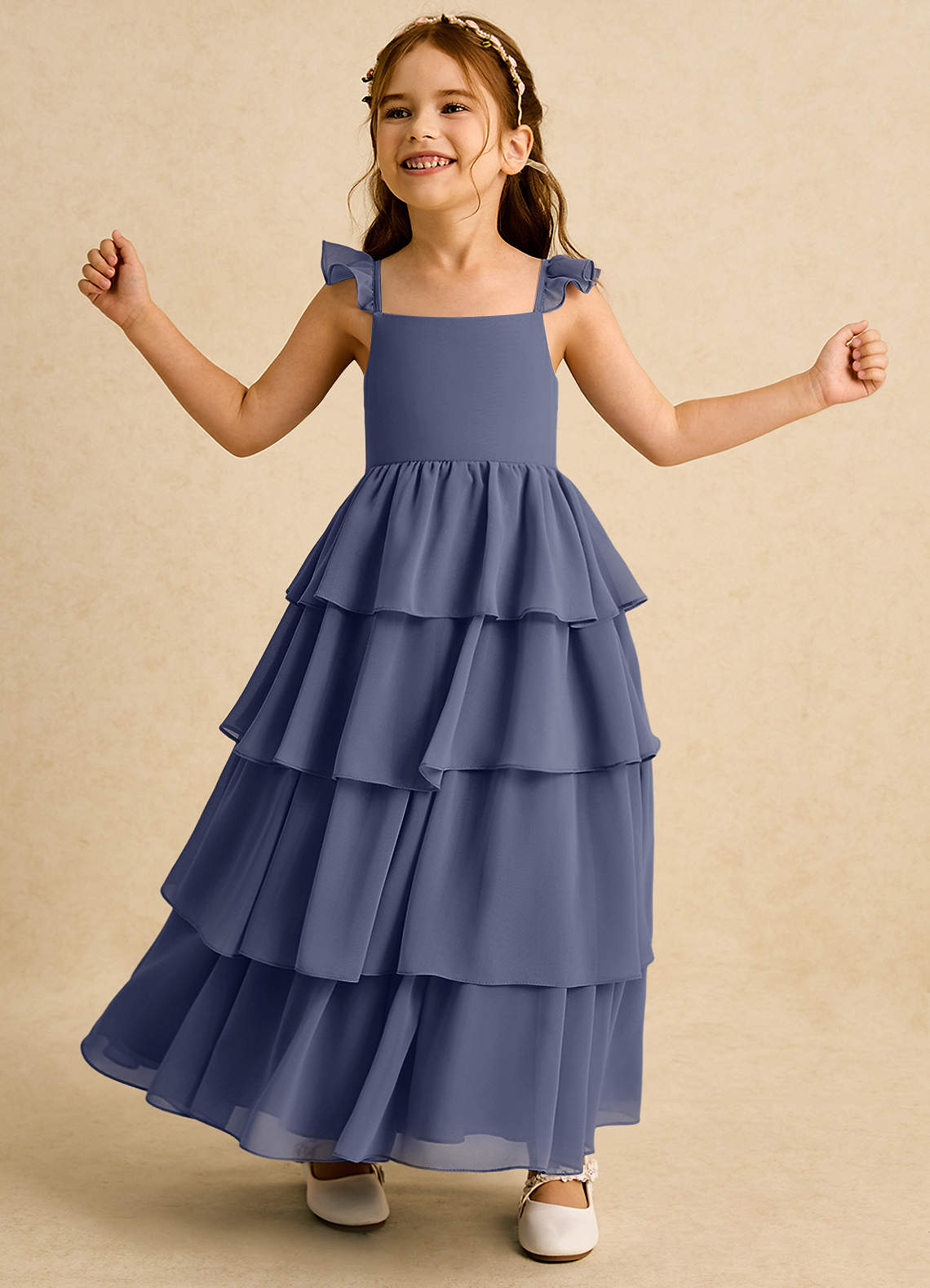 Azazie A-Line/Princess Square Neck Ankle-Length Chiffon Flower Girl Dresses - Stormy
