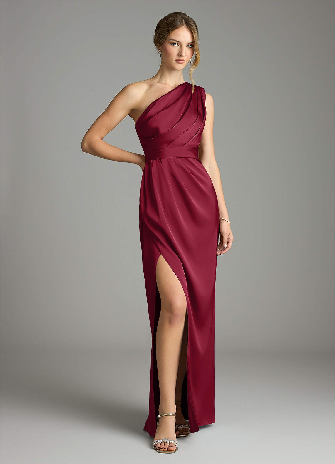 Azazie Emorie Bridesmaid Dresses Burgundy Sheath One Shoulder Stretch Satin Dress image1