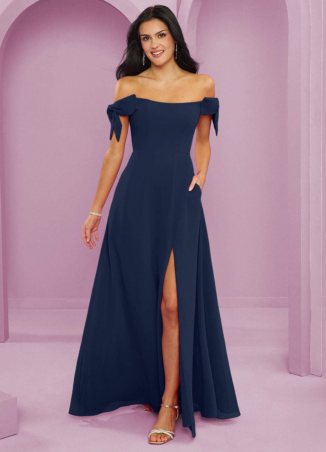 Barbie ♥ Azazie Bridesmaid Dresses Dark Navy A-Line Off the Shoulder Chiffon Convertible Dress image1