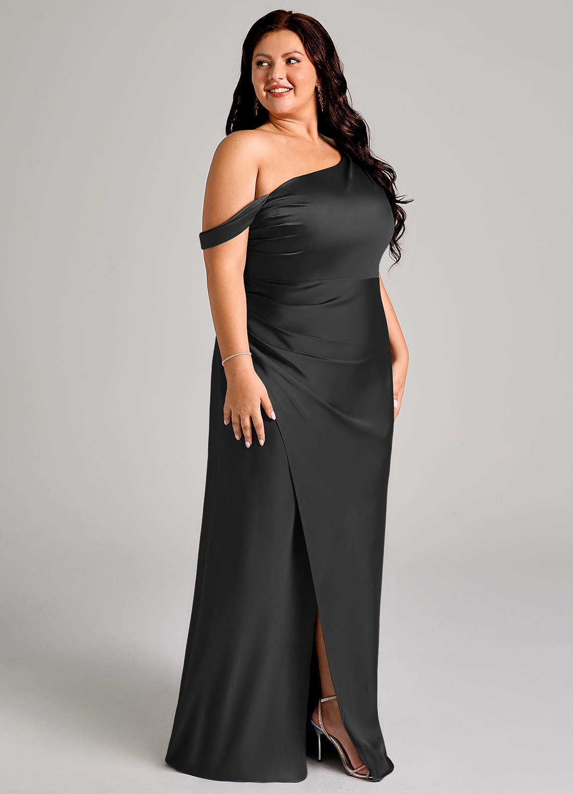 Azazie Madelyn Bridesmaid Dresses Black Mermaid One Shoulder Stretch Satin Convertible Dress image11