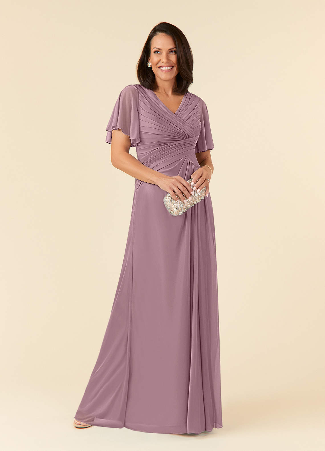 Azazie Emmeline Mother of the Bride Dresses Dusty Rose A-Line V-Neck Pleated Mesh Dress image1