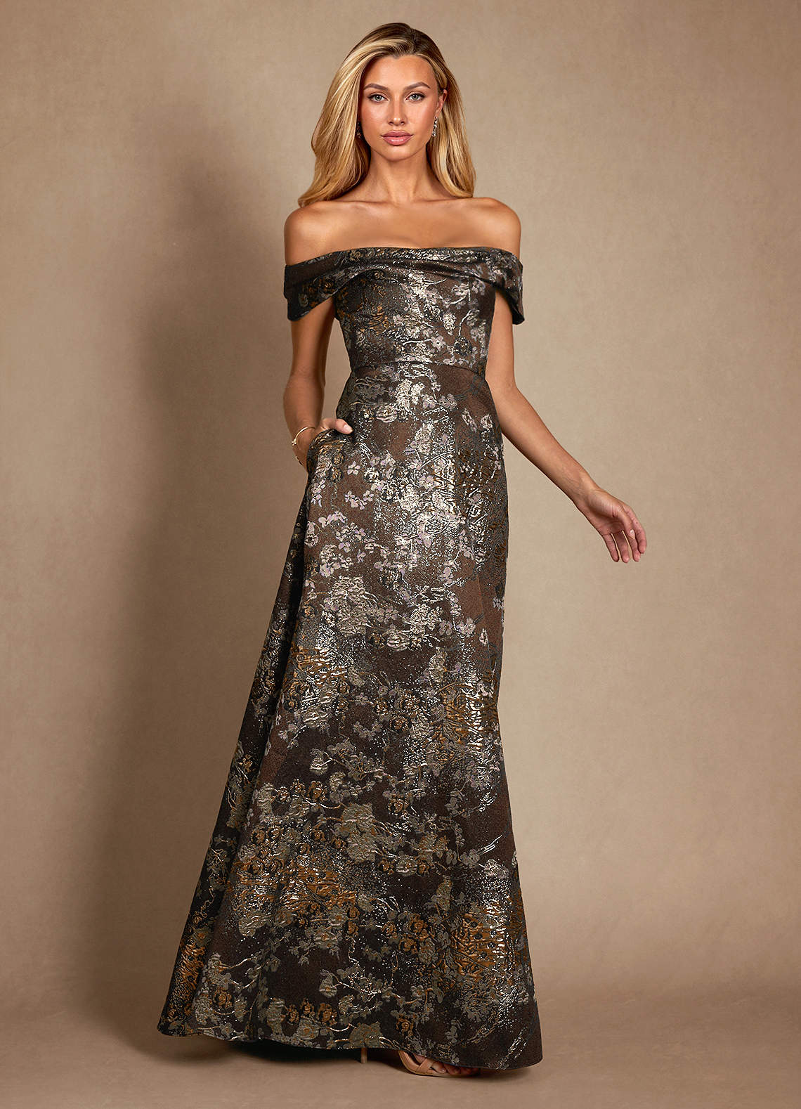 Azazie Marceline Mocha Coco A-Line Off the Shoulder Jacquard Dress