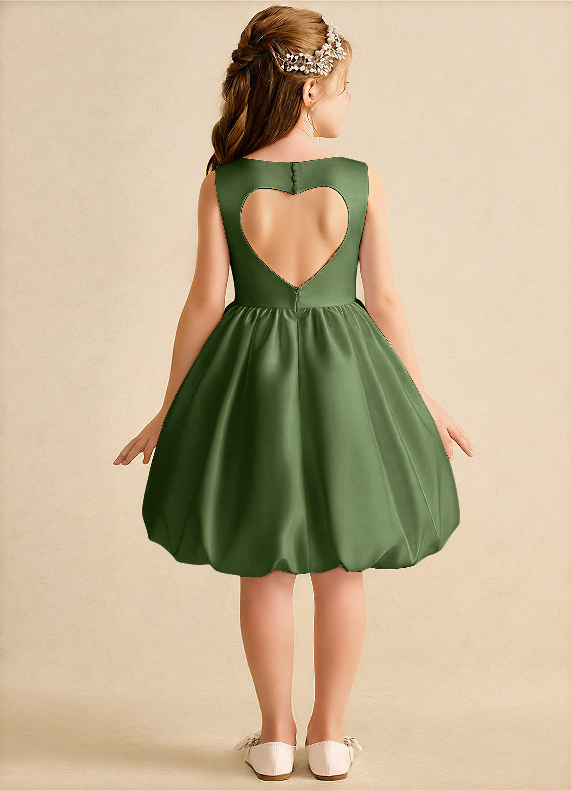 open lace back dress Girls' Olive Green Heart Twirl Dress