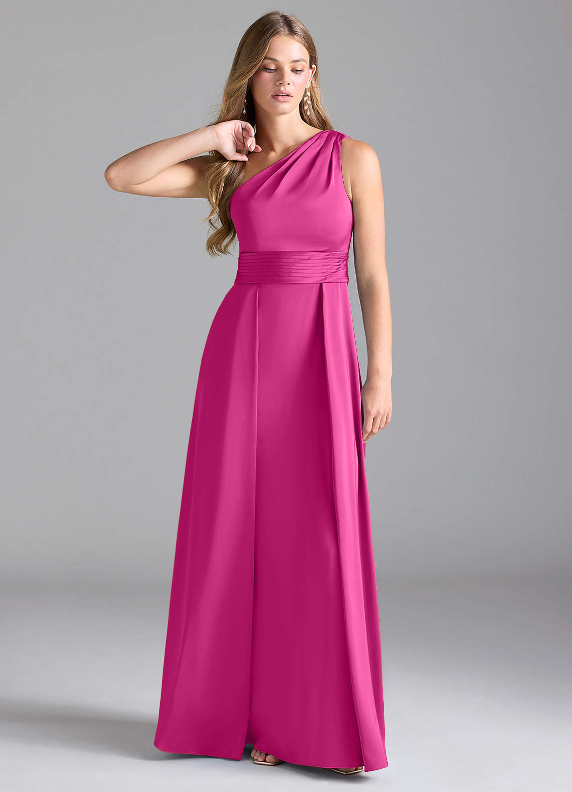Azazie Dallas Robes de demoiselle d'honneur Robe Trapèze en Satin extensible Ue épaule Fuchsia image1