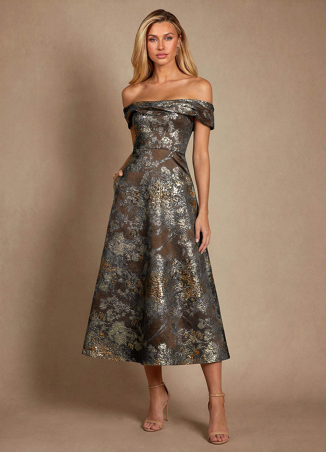 Azazie Maricela Brudens mor kjoler A-Line Off-Shoulder Jacquard Te-længde Kjole image2