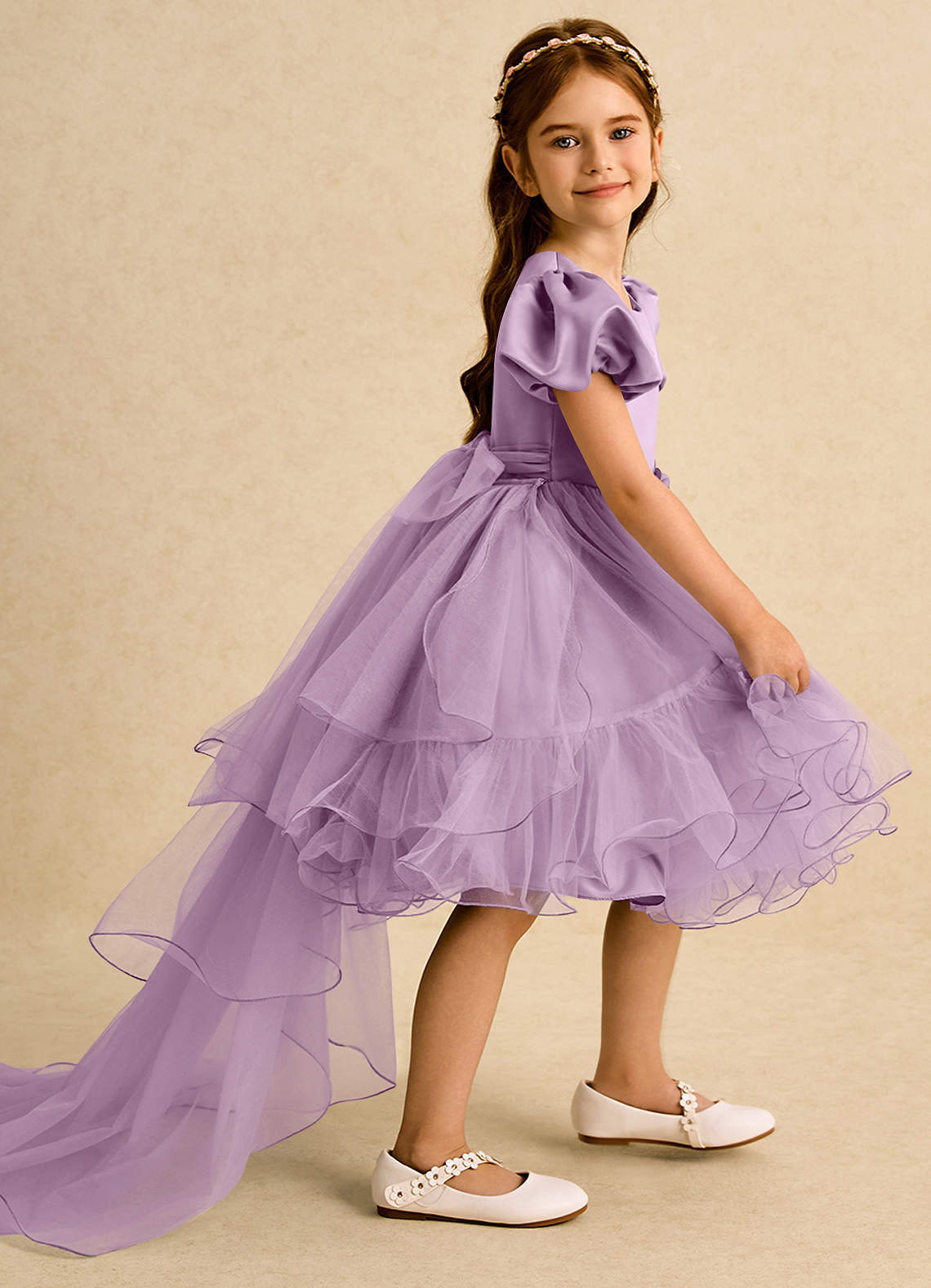 Azazie Cocoa Flower Girl Dresses Wisteria Ball-Gown Pleated Tulle Dress image1