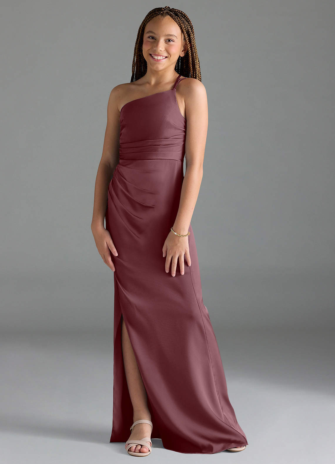Azazie Eren Junior Vestido de Sangrado de Satén Elástico de Recto con Plisado image1