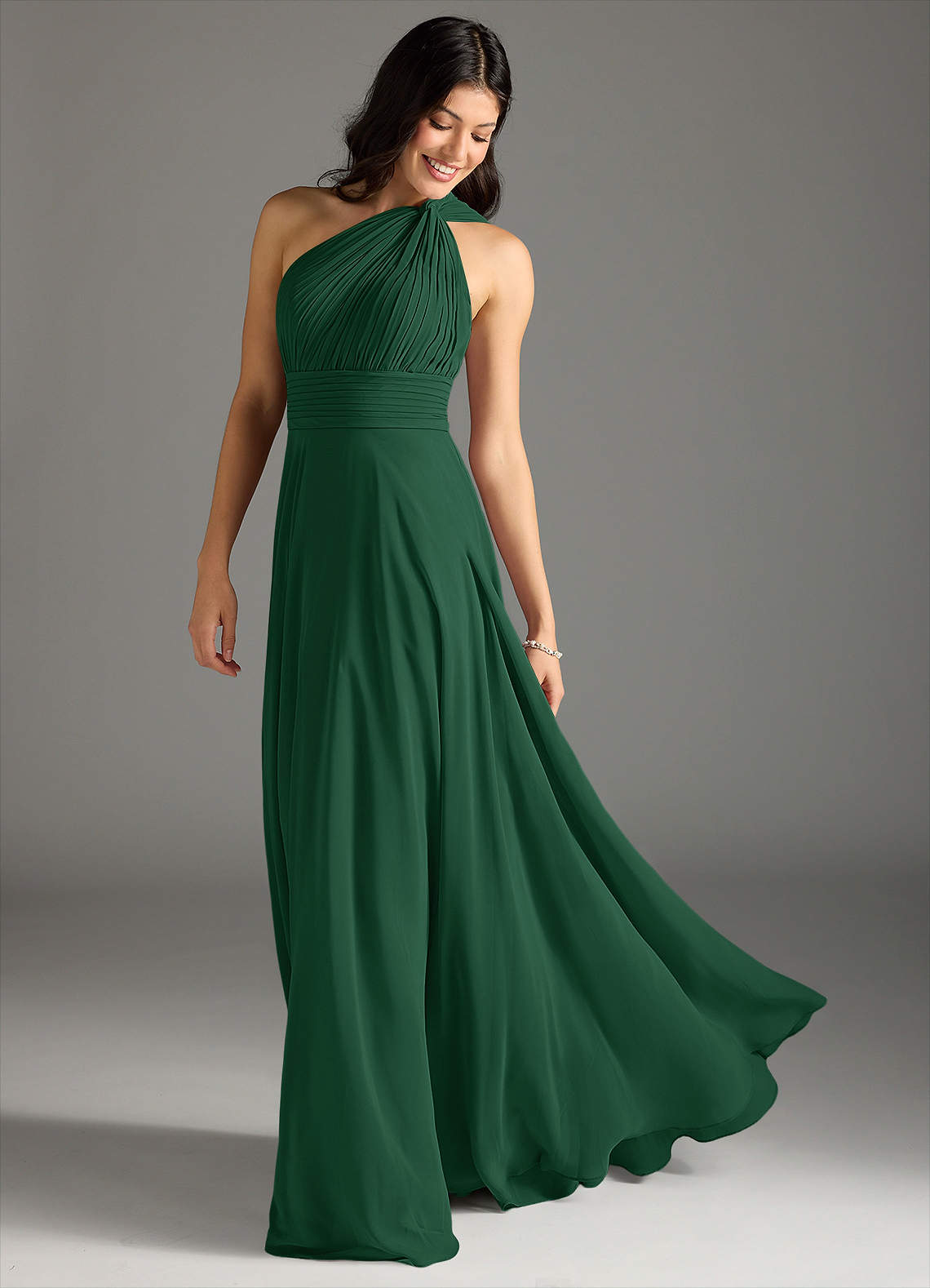 Azazie Charlize Bridesmaid Dresses Dark Green A-Line One Shoulder Chiffon Dress image1