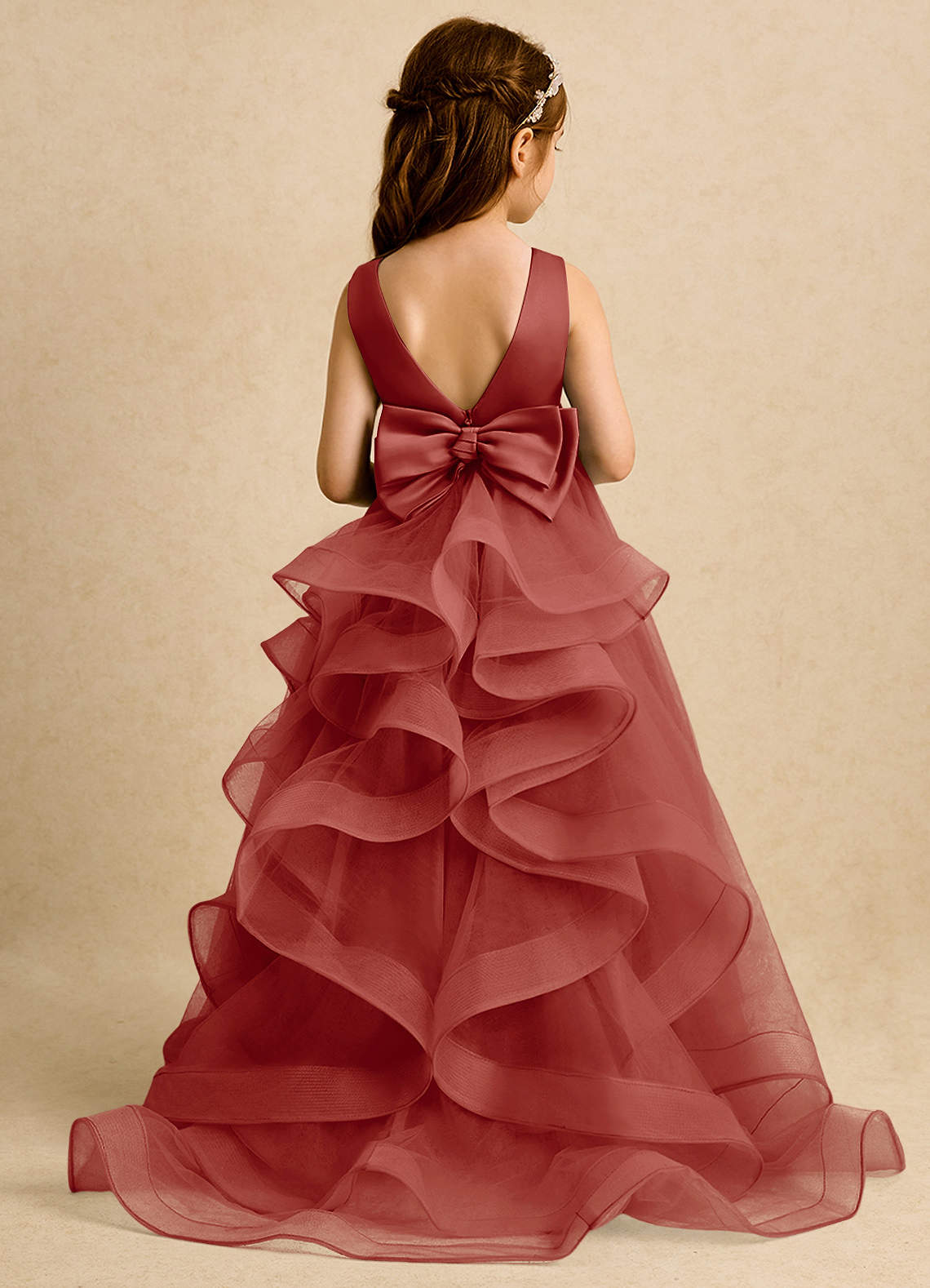 Azazie Lior Flower Girl Dresses Terracotta Ball-Gown Pleated Tulle Dress image1