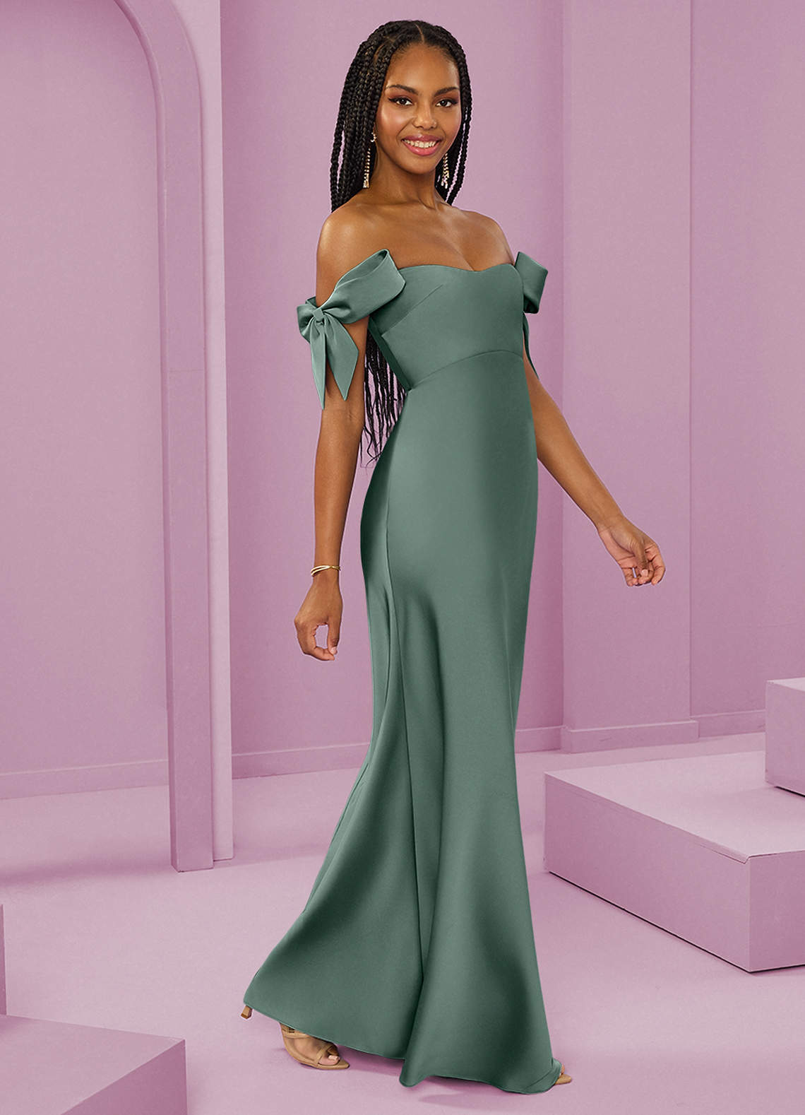 Barbie ♥ Azazie Brudtärnklänningar Klänning av Tubklänning i Stretch Satin Av axeln Eukalyptus Konvertibel image1