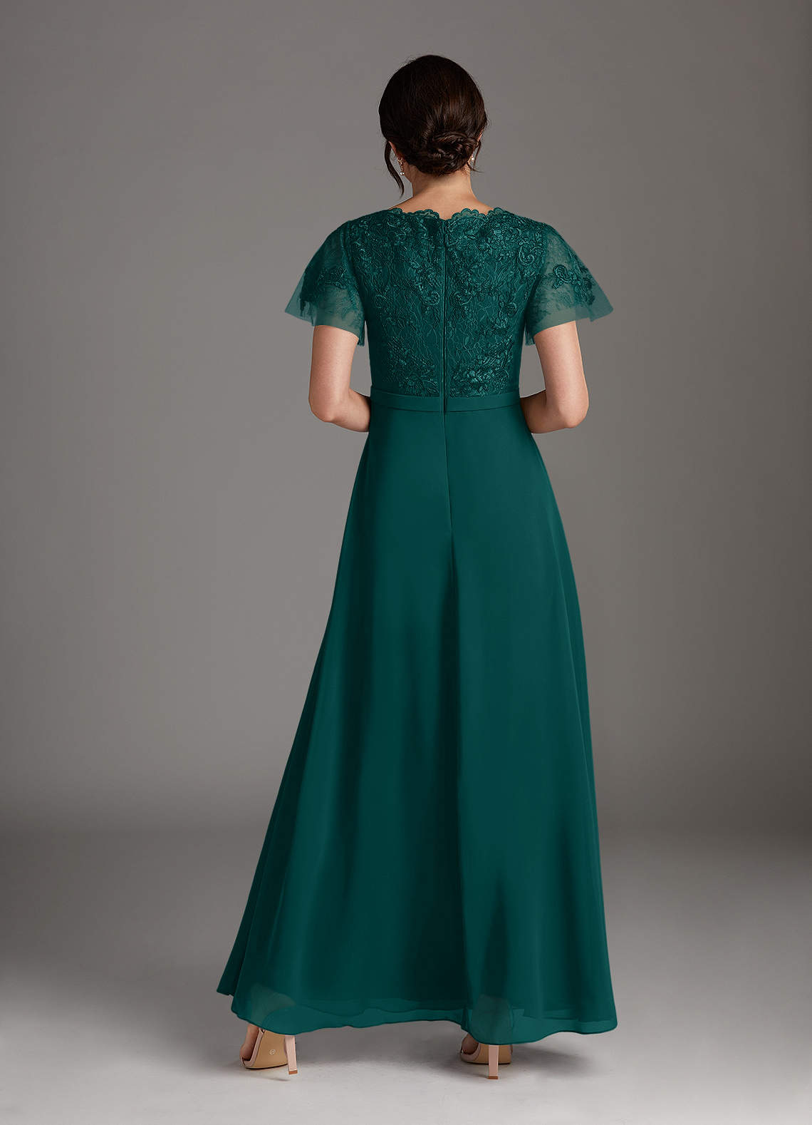 Azazie Singer Peacock A-Line V-Neck Lace Chiffon Dress