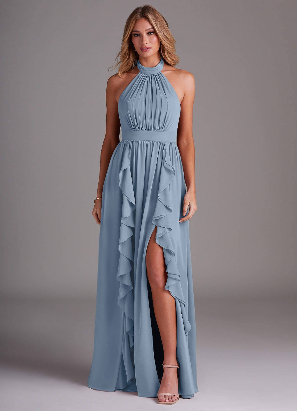 Azazie Avary Bridesmaid Dresses Dusty Blue A-Line Pleated Chiffon Dress image1