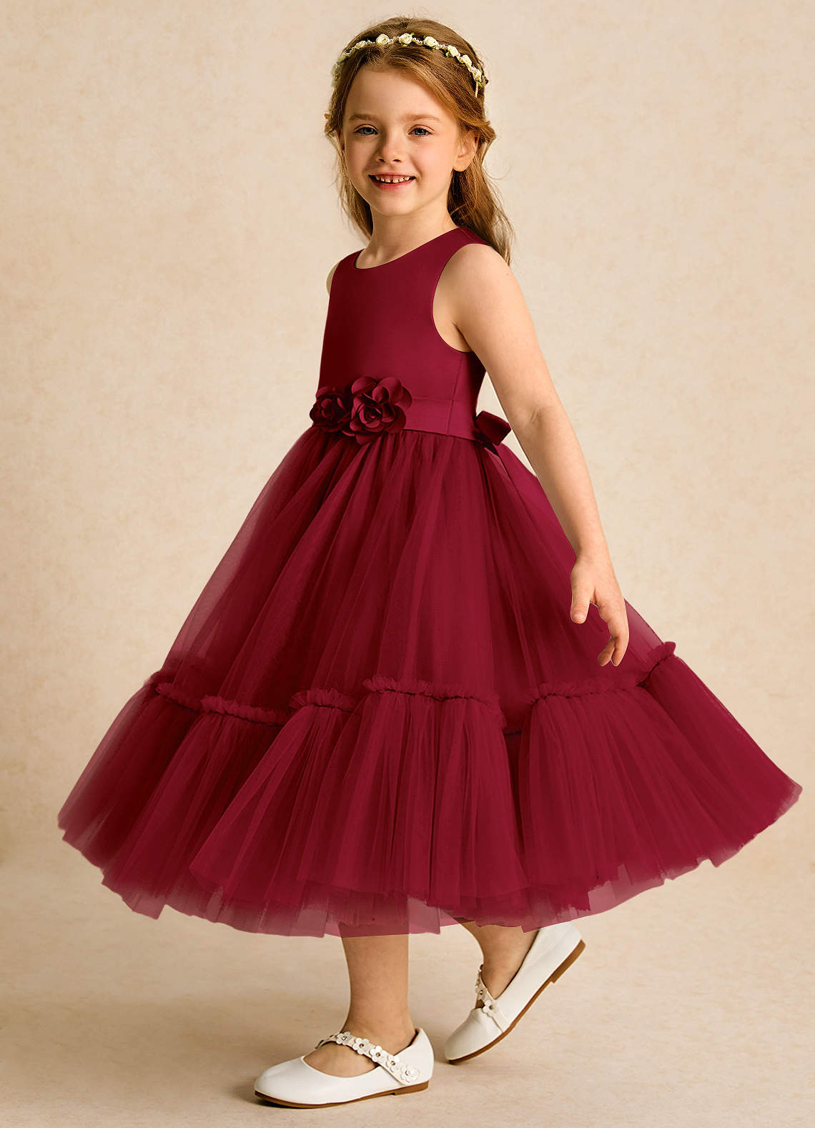 Azazie Miracle Flower Girl Dresses Burgundy A-Line Bow Matte Satin Dress image2