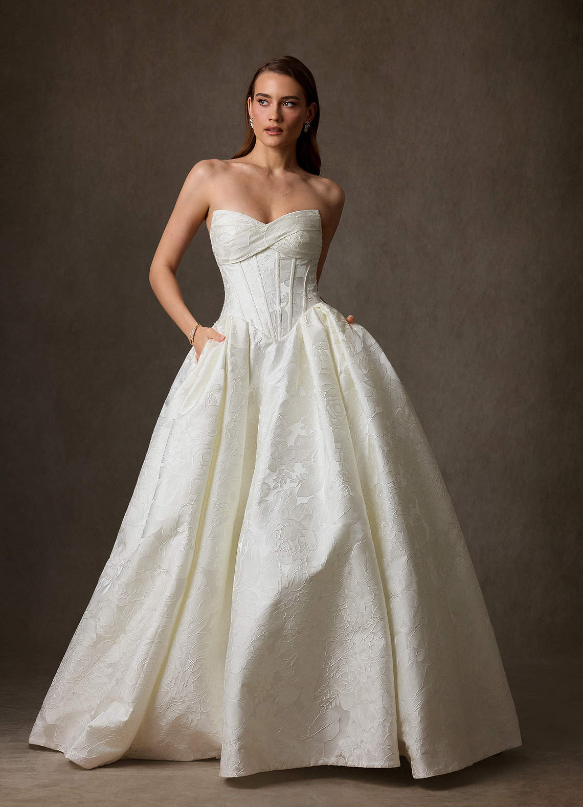 Azazie Genevieve At-home Try On Dresses Antique White Ball-Gown Strapless Floral Jacquard Dress image2