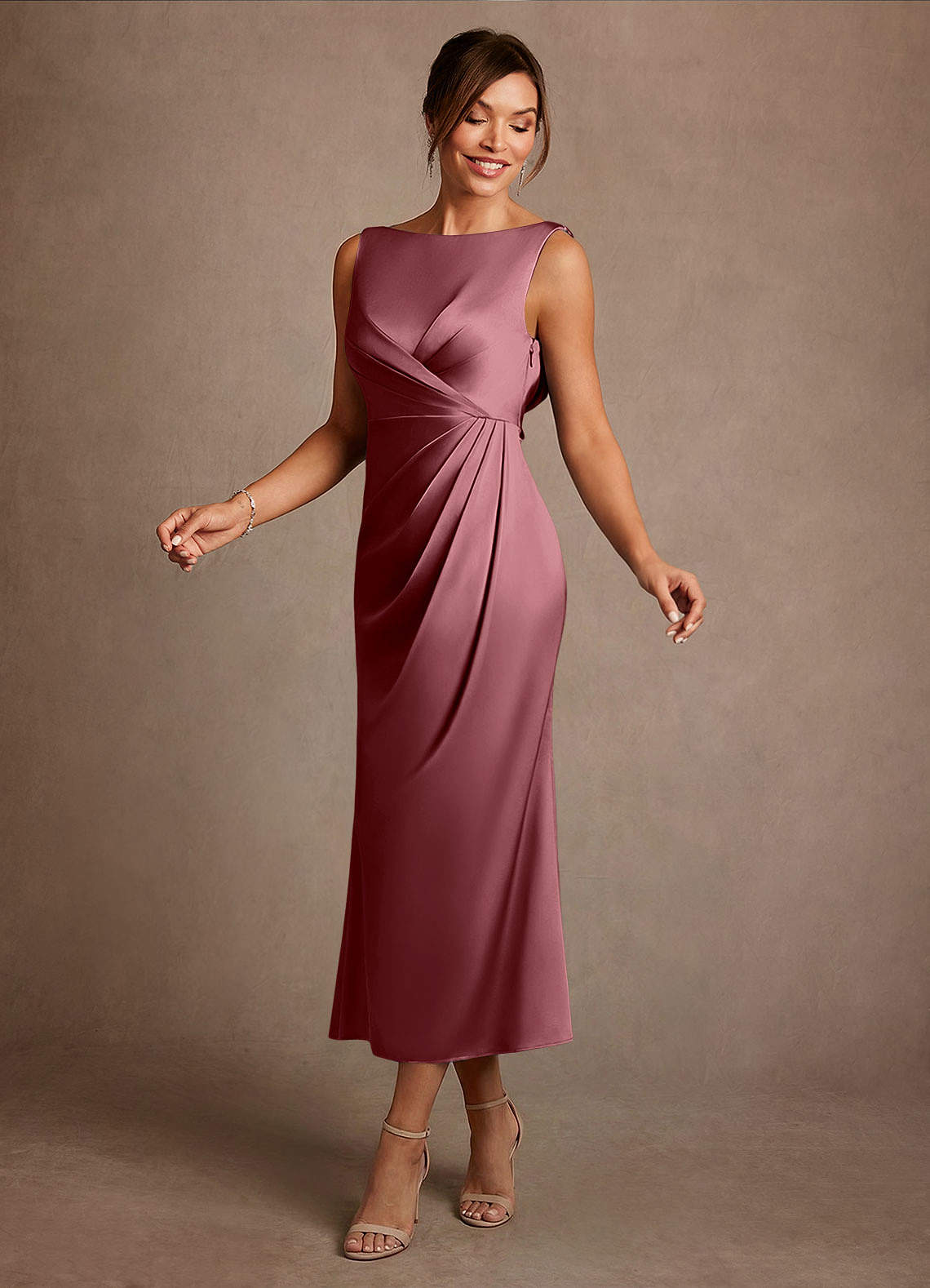 Azazie Mazhe Mother of the Bride Dresses Desert Rose A-Line Pleated Stretch Satin Dress image2