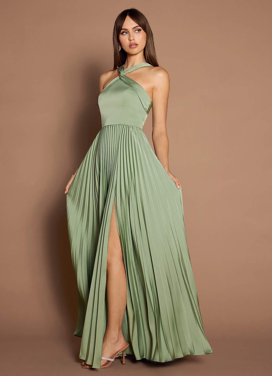 Afra Dusty Sage A-Line Pleated Stretch Satin Dress | Azazie