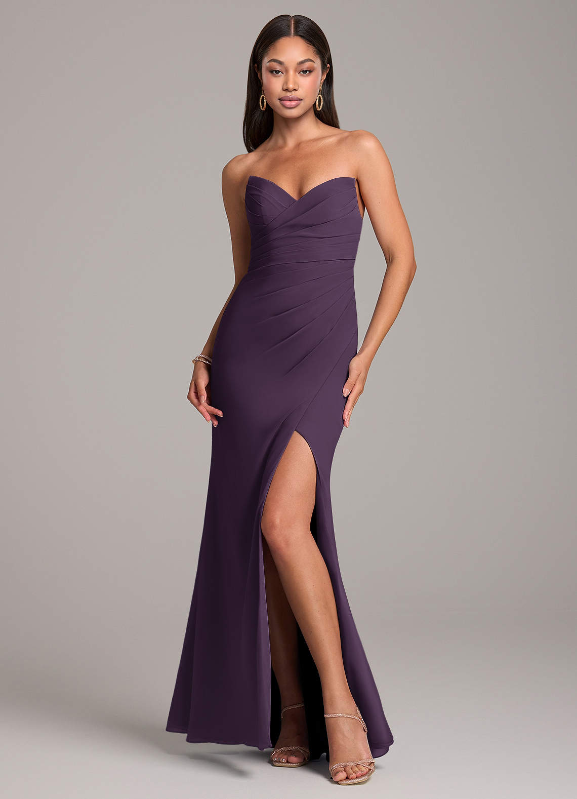 Azazie Yola Bridesmaid Dresses Plum Sheath Pleated Chiffon Convertible Dress image1