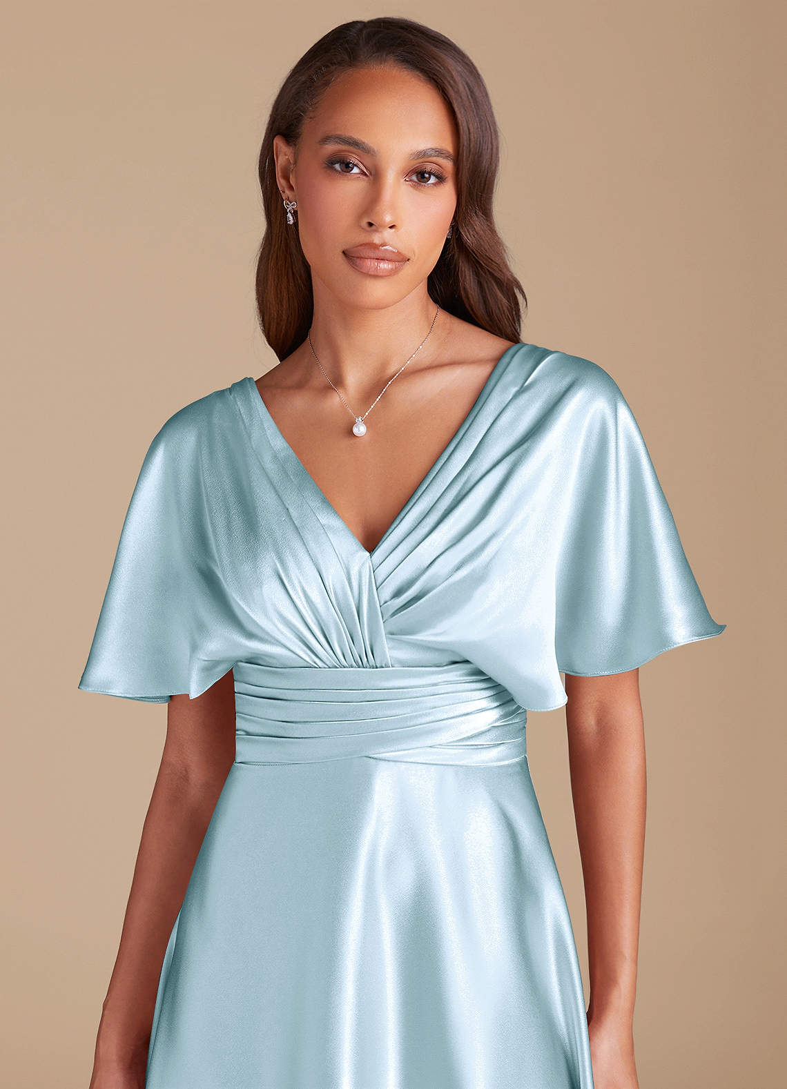Azazie Pamela Bridesmaid Dresses Sky Blue A-Line Pleated Metallic Satin Dress image1