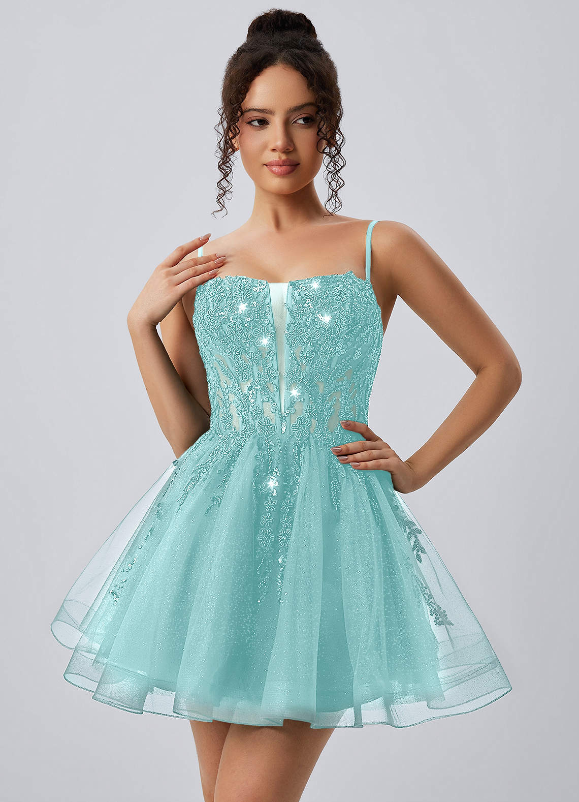 green sequin skater dress Odette Light Spaghetti Strap Tulle Lace-Up Mini Midi dress