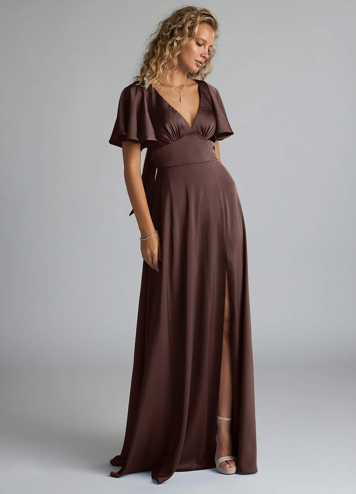 Azazie Kimber Bridesmaid Dresses Ganache A-Line Ruched Stretch Satin Dress image3