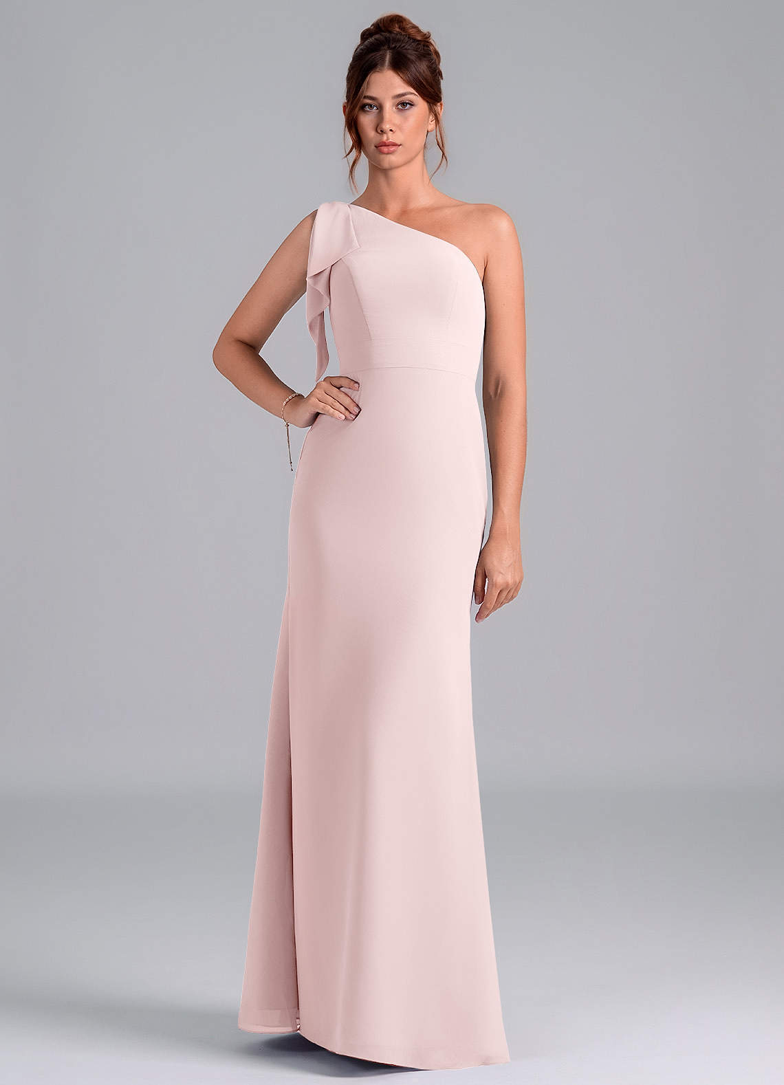 Azazie Rinna Bridesmaid Dresses Blushing Pink Mermaid One Shoulder Chiffon Dress image1