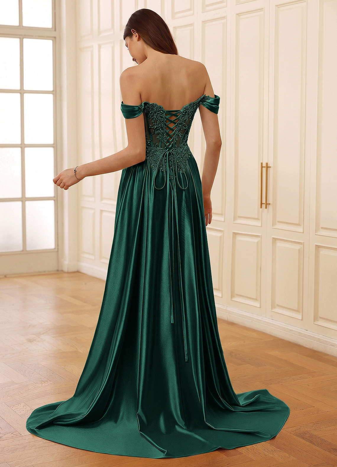 green lace off the shoulder prom dress Green Ruffled Off Shoulder Rhinestone Tulle Prom Dress main image 1