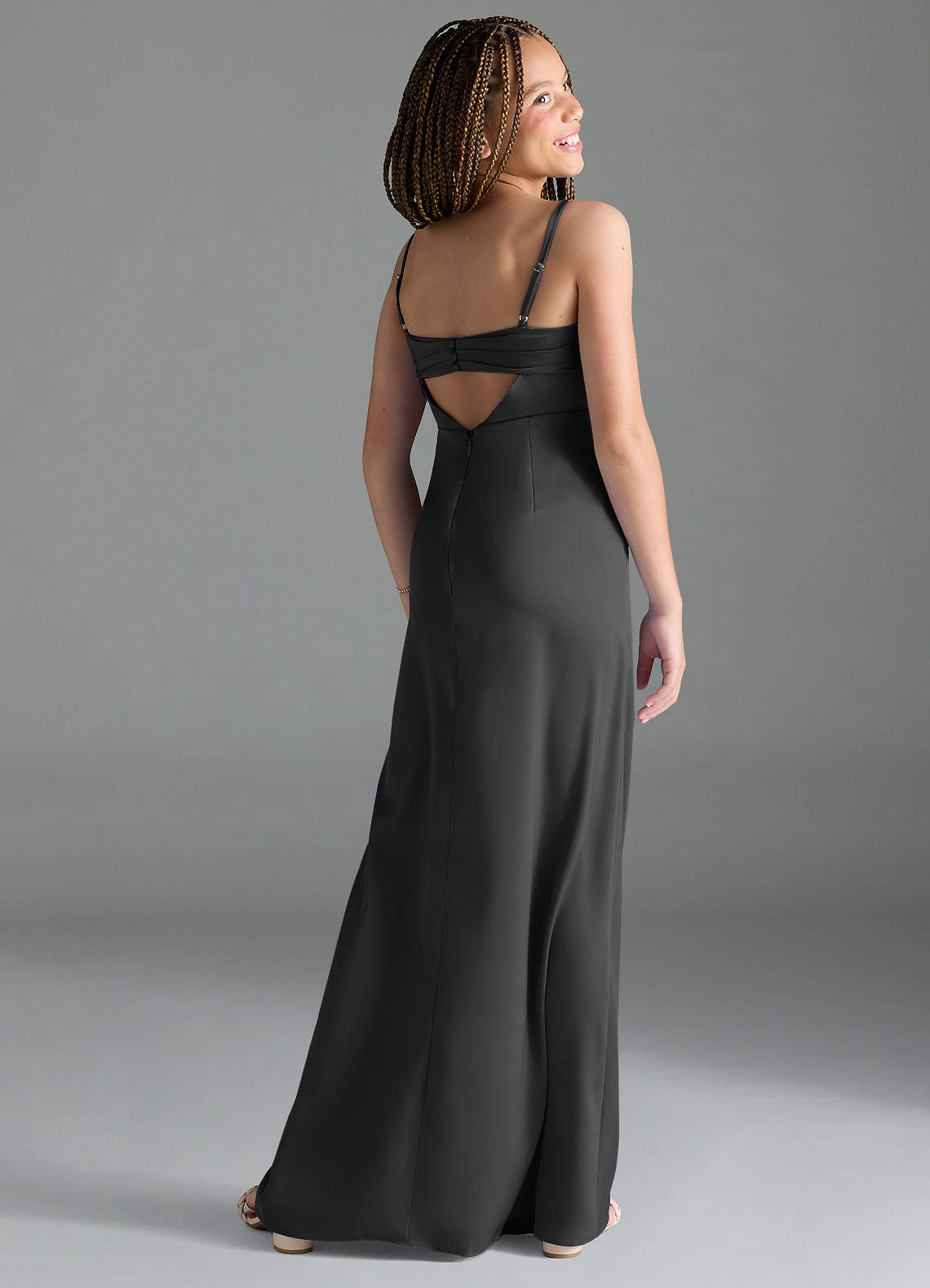 Azazie Leonis Junior Black A-Line Pleated Stretch Satin Dress image4