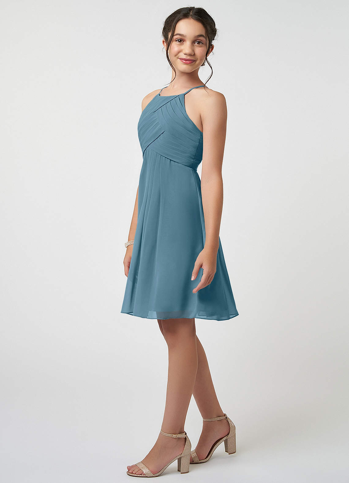 Azazie Ginny Junior Bermuda A-Line Pleated Chiffon Dress image2
