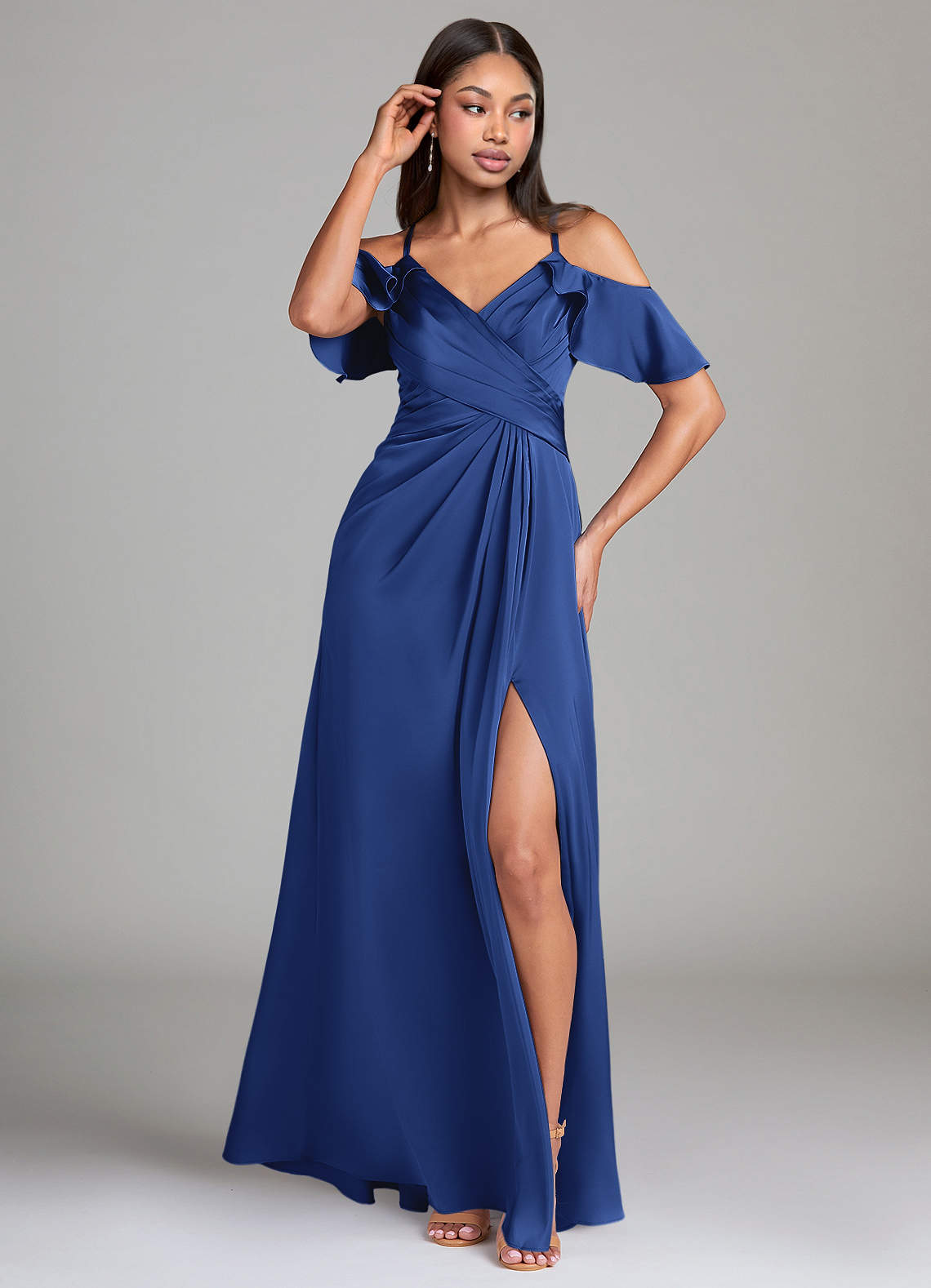 bridesmaid dresses sioux falls sd Azazie Dakota Royal Blue Stretch Satin Shirring in bra cups black and gold mother Sleeve Length:Short