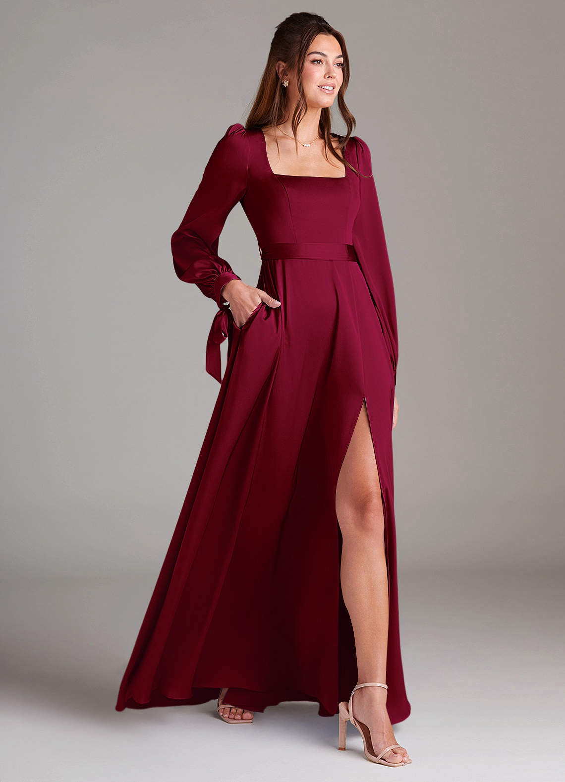 Azazie Leonia Bridesmaid Dresses Burgundy A-Line Long Sleeve Stretch Satin Dress image3