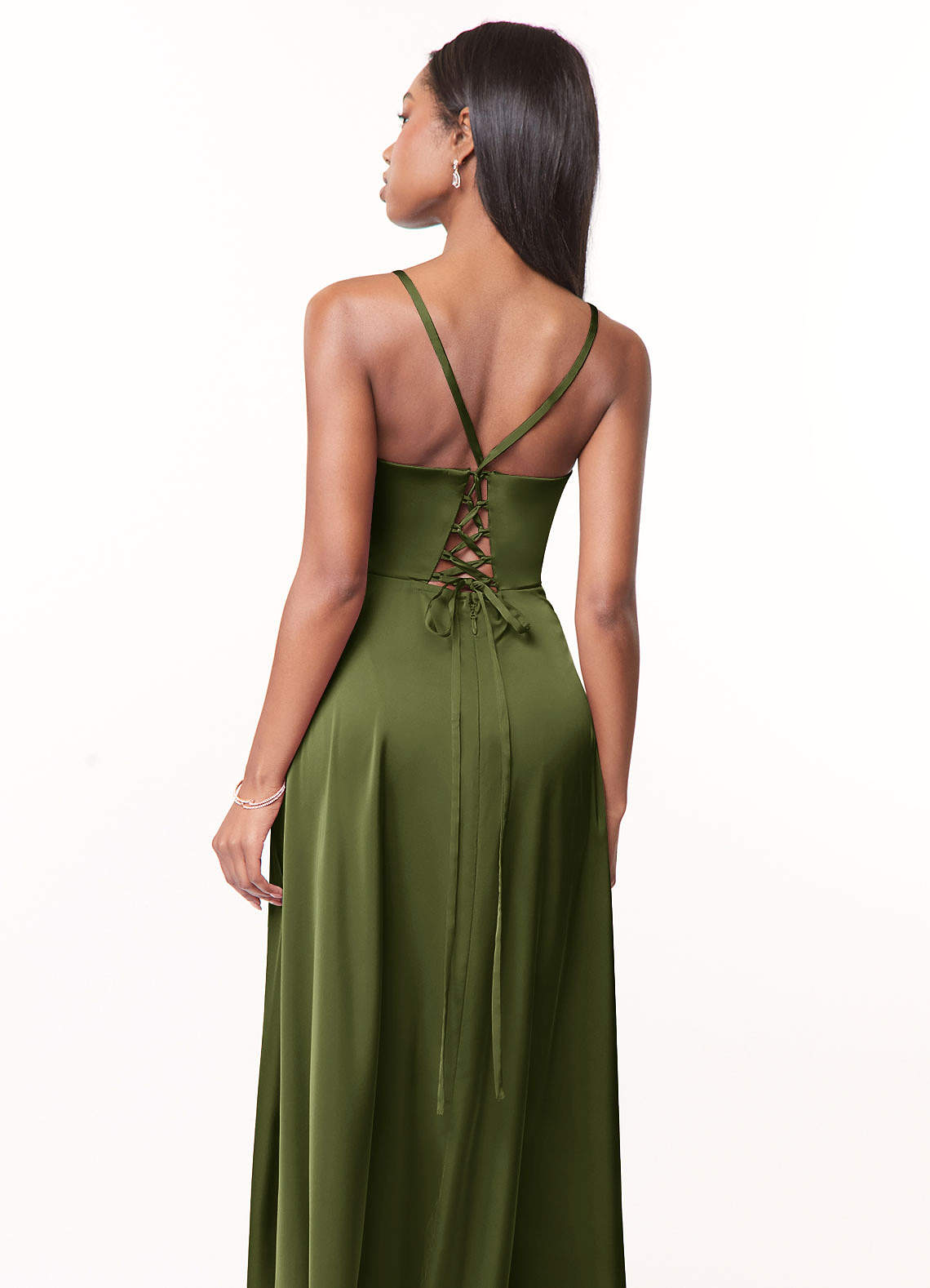 Azazie Maksim Essayer des robes à la maison Robe Trapèze en Satin extensible Col en V Agave image2