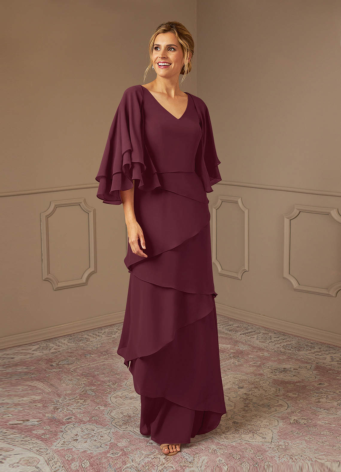 Azazie OHara vestidos de madre de la novia Vestido de Cabernet de Gasa de Corte En A con Cuello en V image1