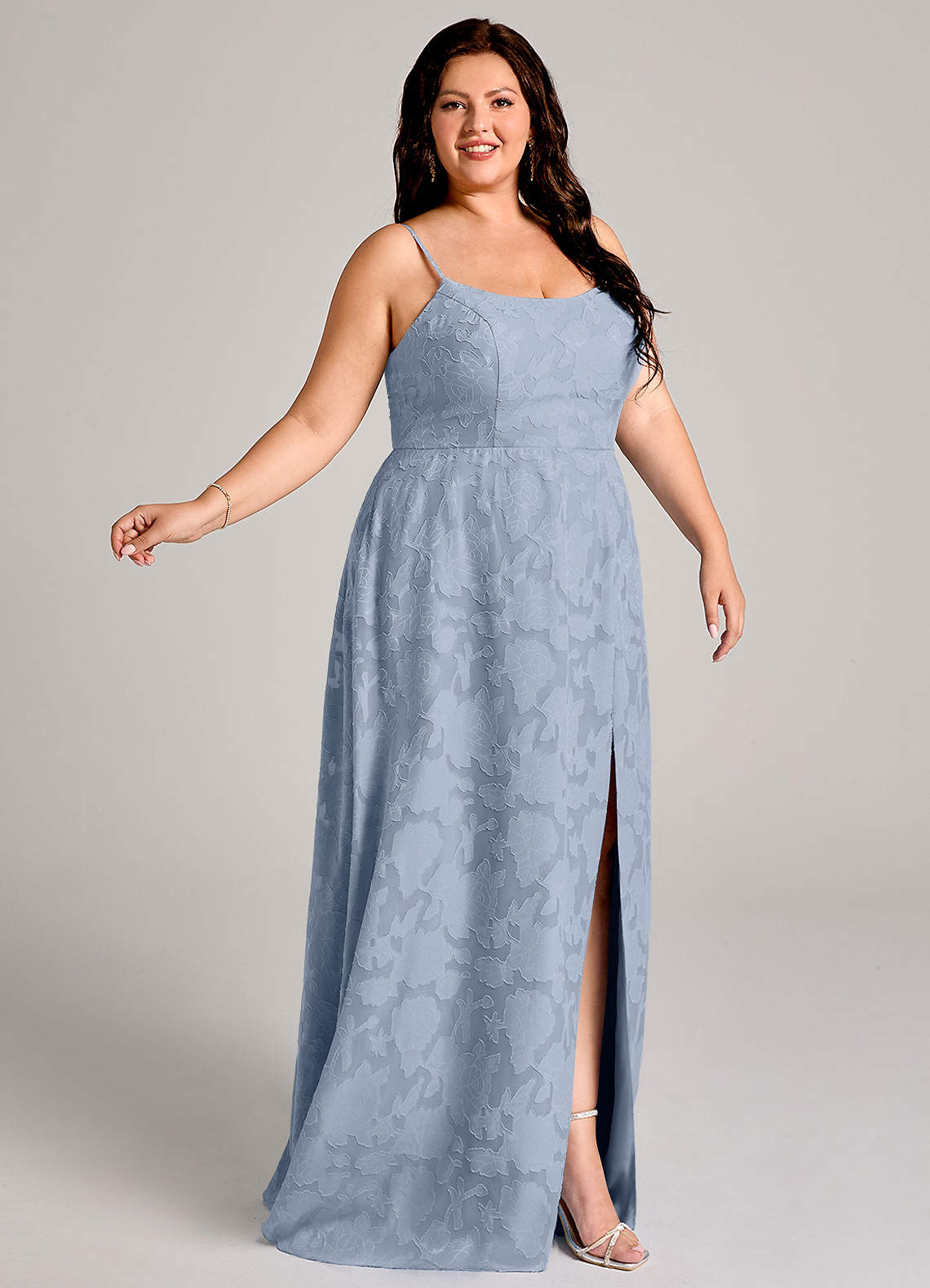 Azazie Moira Bridesmaid Dresses Dusty Blue A-Line Side Slit Floral Burnout Dress image8