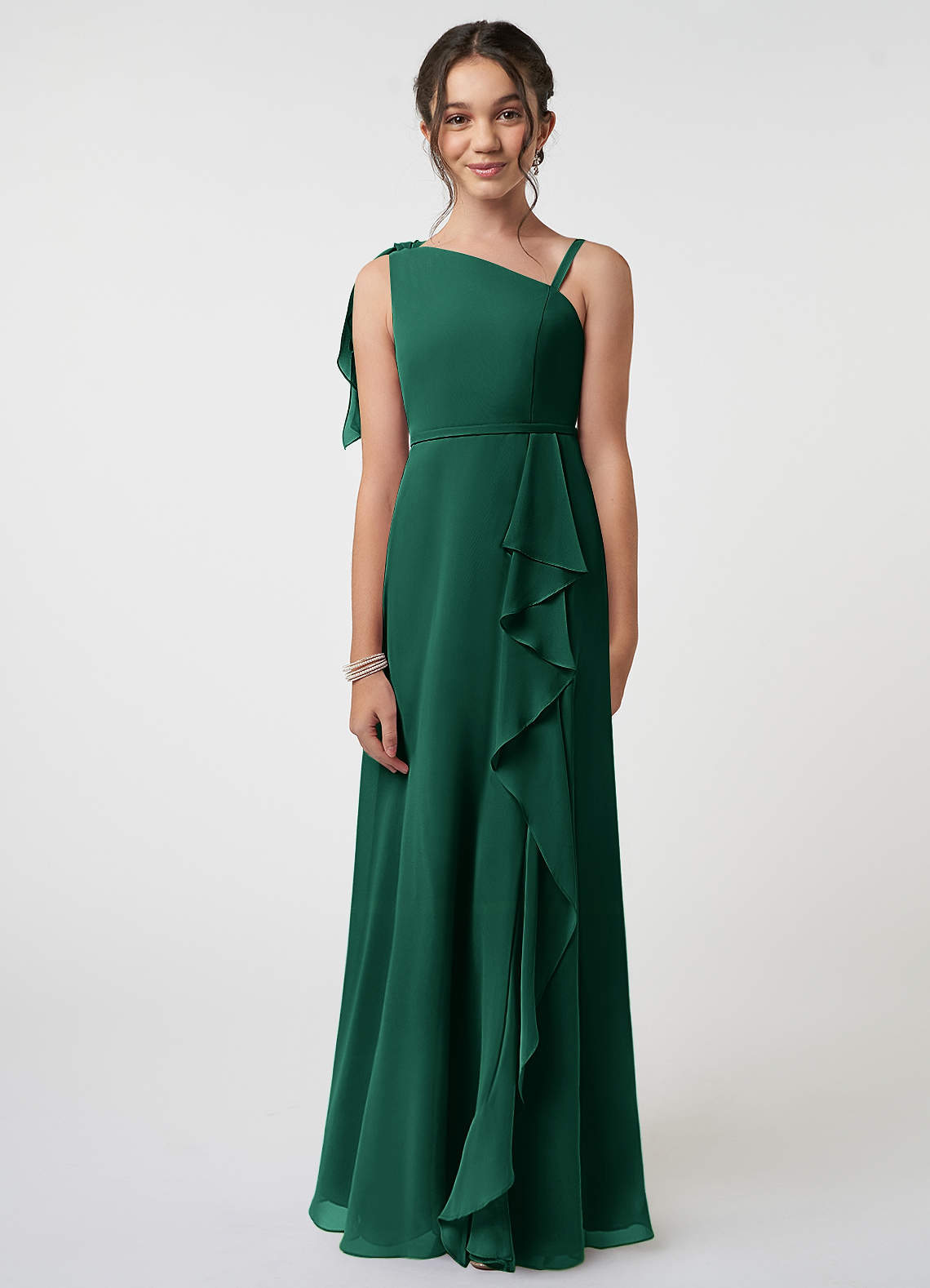 Azazie Aidy Junior Emerald A-Line Bow Chiffon Dress image1