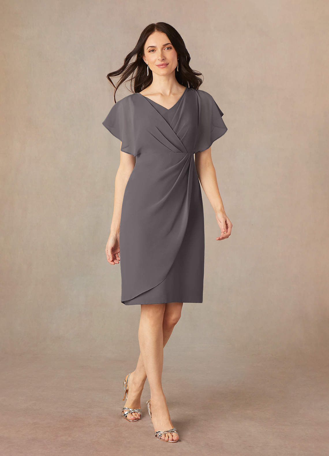 Azazie Julia Mother of the Bride Dresses Steel Grey Sheath V-Neck Pleated Chiffon Dress image1